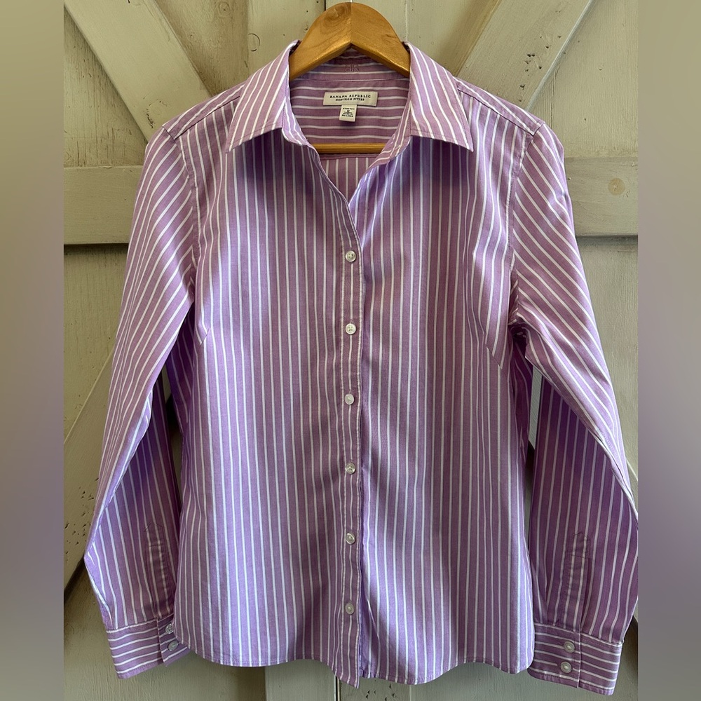 Banana Republic Lavender and White Striped Fitted Button-Down Shirt